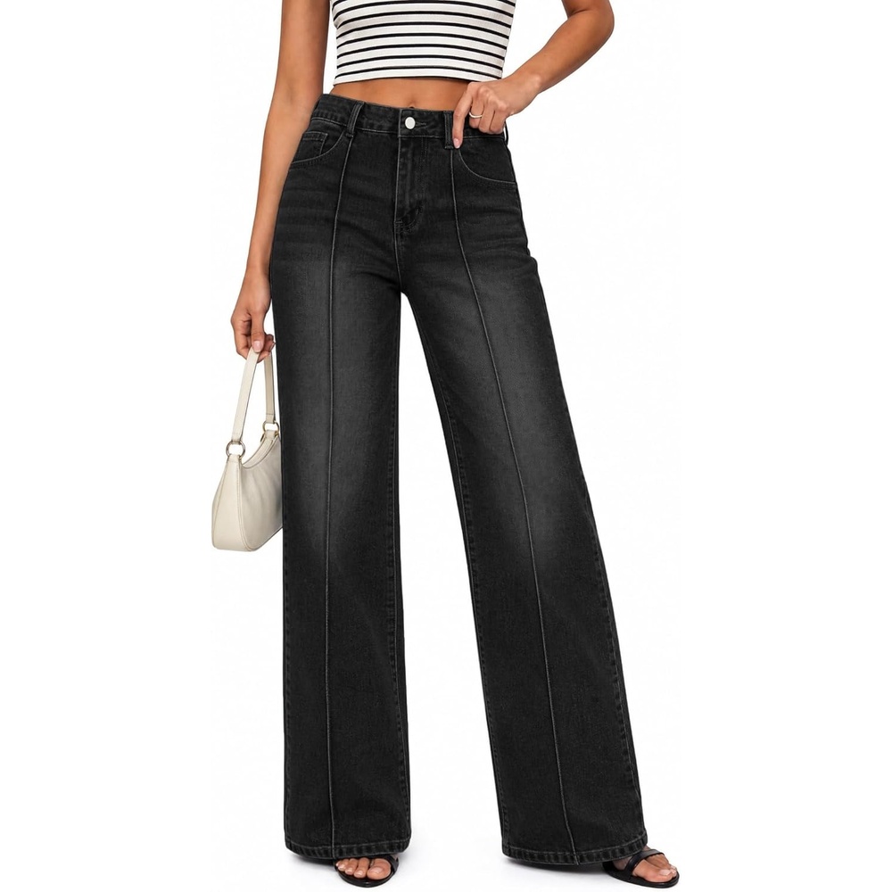 image:imageEMMIOL Wide Leg Jeans for Women Mid High Waisted Straight Leg Jeans 2026 Trendy Stretchy Denim Pants with Front SeamedBlack