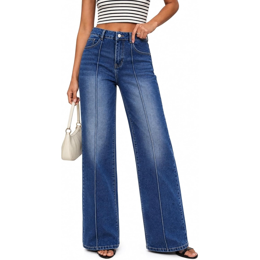 image:imageEMMIOL Wide Leg Jeans for Women Mid High Waisted Straight Leg Jeans 2026 Trendy Stretchy Denim Pants with Front SeamedDark Blue