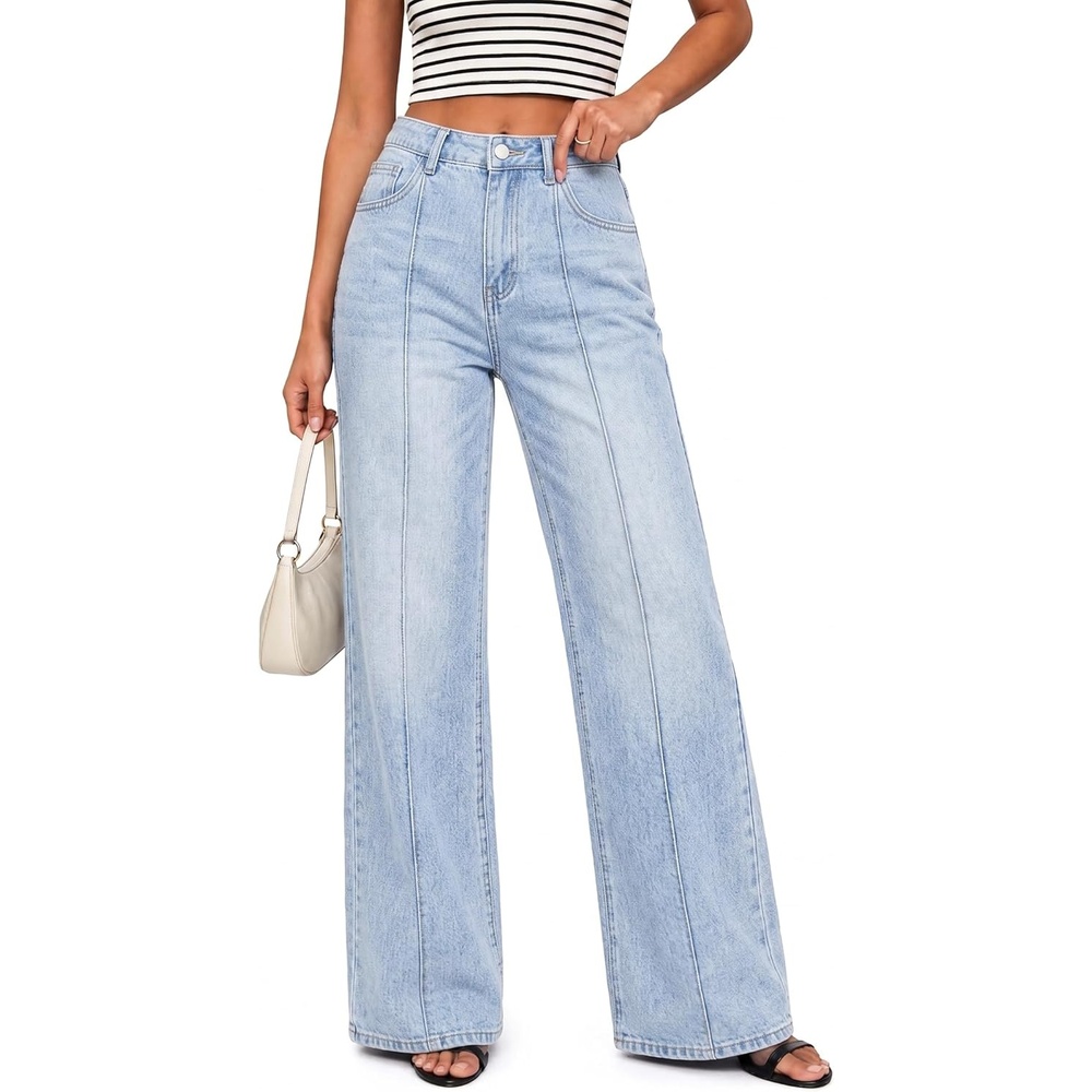 image:imageEMMIOL Wide Leg Jeans for Women Mid High Waisted Straight Leg Jeans 2026 Trendy Stretchy Denim Pants with Front SeamedLight Blue