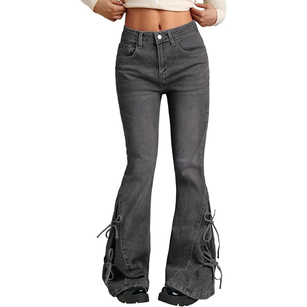 image:imageWomen Bell Bottom Jeans Stretchy Flare Mid Rise Embroidery Vintage Denim Pants 90s Outfits Y2k ClothesBlack Straps