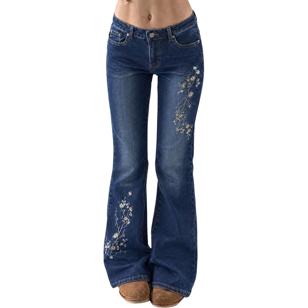 image:imageWomen Bell Bottom Jeans Stretchy Flare Mid Rise Embroidery Vintage Denim Pants 90s Outfits Y2k ClothesDeep Blue With Embroidery