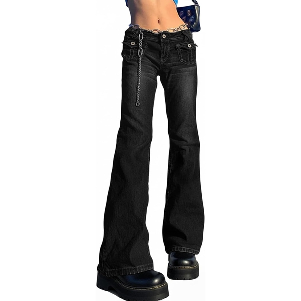 image:imageWomen Bell Bottom Jeans Stretchy Flare Mid Rise Embroidery Vintage Denim Pants 90s Outfits Y2k ClothesZblack