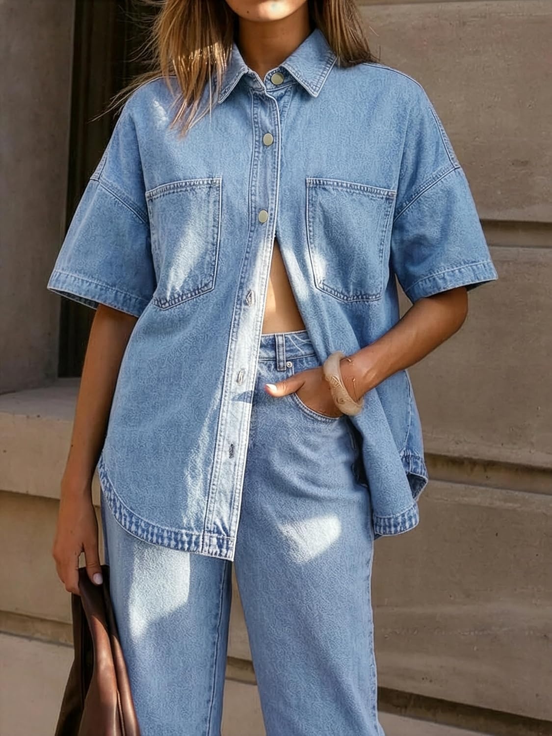 image:imageEMMIOL Women Denim Shirts Oversized Long Sleeve Button Down Blouse Distresse Jean Jacket Fall Outfits 2026Sky Blueshort Sleeve