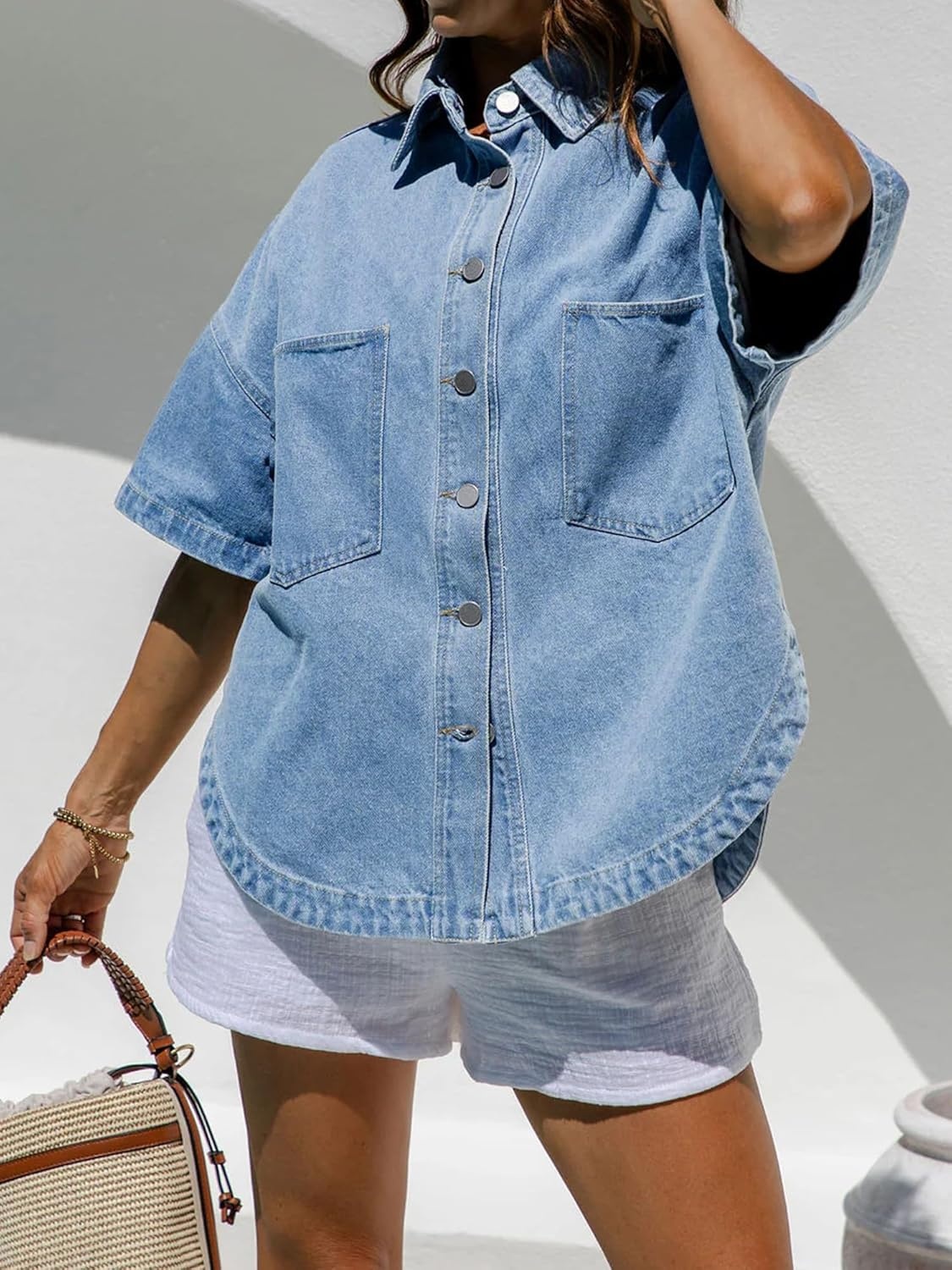 image:imageEMMIOL Women Denim Shirts Oversized Long Sleeve Button Down Blouse Distresse Jean Jacket Fall Outfits 2026Sky Blueshort Sleeve