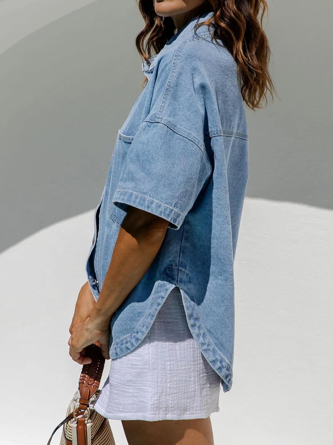 image:imageEMMIOL Women Denim Shirts Oversized Long Sleeve Button Down Blouse Distresse Jean Jacket Fall Outfits 2026Sky Blueshort Sleeve