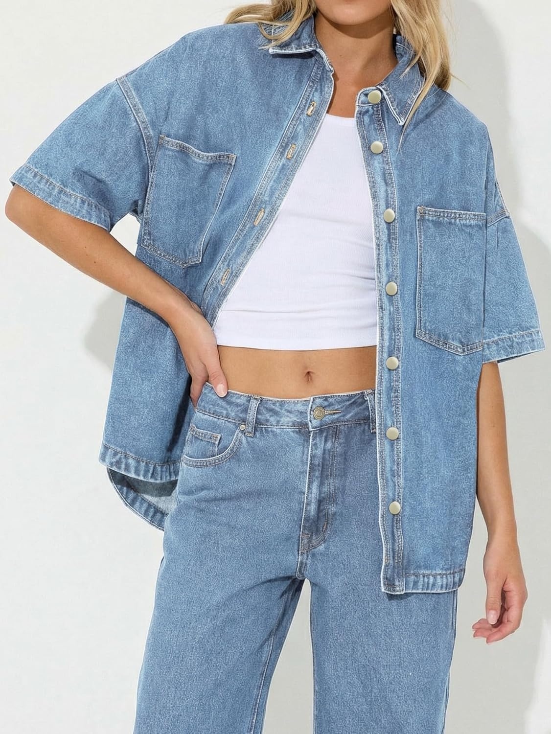 image:imageEMMIOL Women Denim Shirts Oversized Long Sleeve Button Down Blouse Distresse Jean Jacket Fall Outfits 2026Sky Blueshort Sleeve