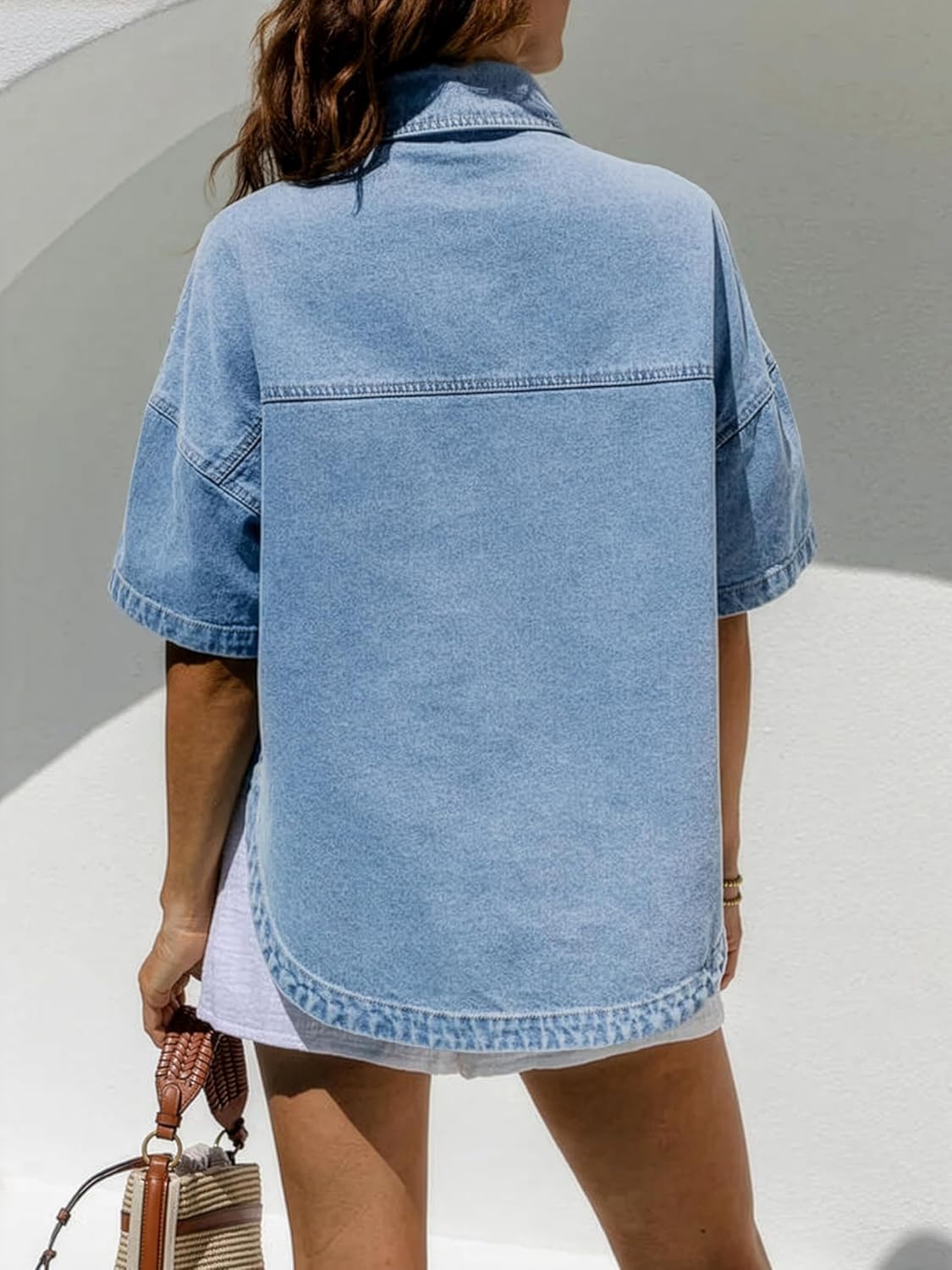 image:imageEMMIOL Women Denim Shirts Oversized Long Sleeve Button Down Blouse Distresse Jean Jacket Fall Outfits 2026Sky Blueshort Sleeve