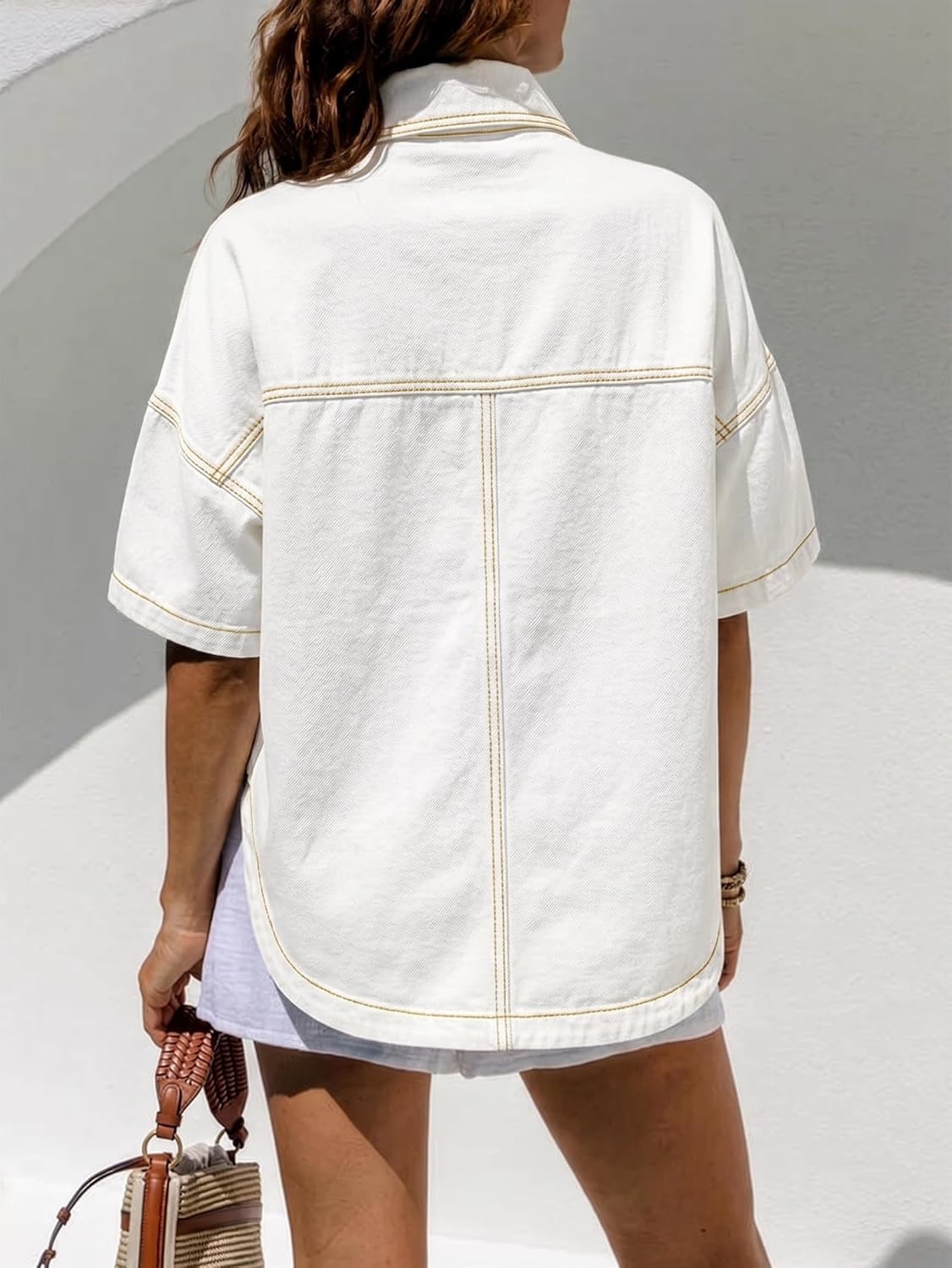 image:imageEMMIOL Women Denim Shirts Oversized Long Sleeve Button Down Blouse Distresse Jean Jacket Fall Outfits 2026Whiteshort Sleeve
