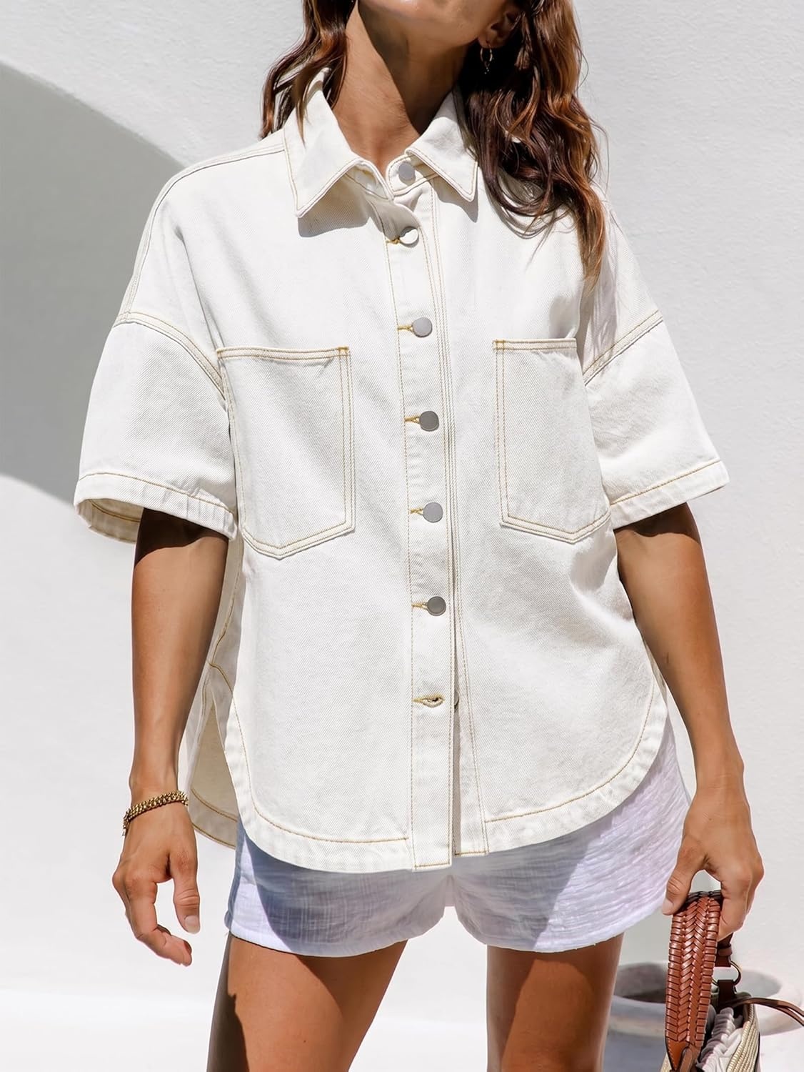 image:imageEMMIOL Women Denim Shirts Oversized Long Sleeve Button Down Blouse Distresse Jean Jacket Fall Outfits 2026Whiteshort Sleeve