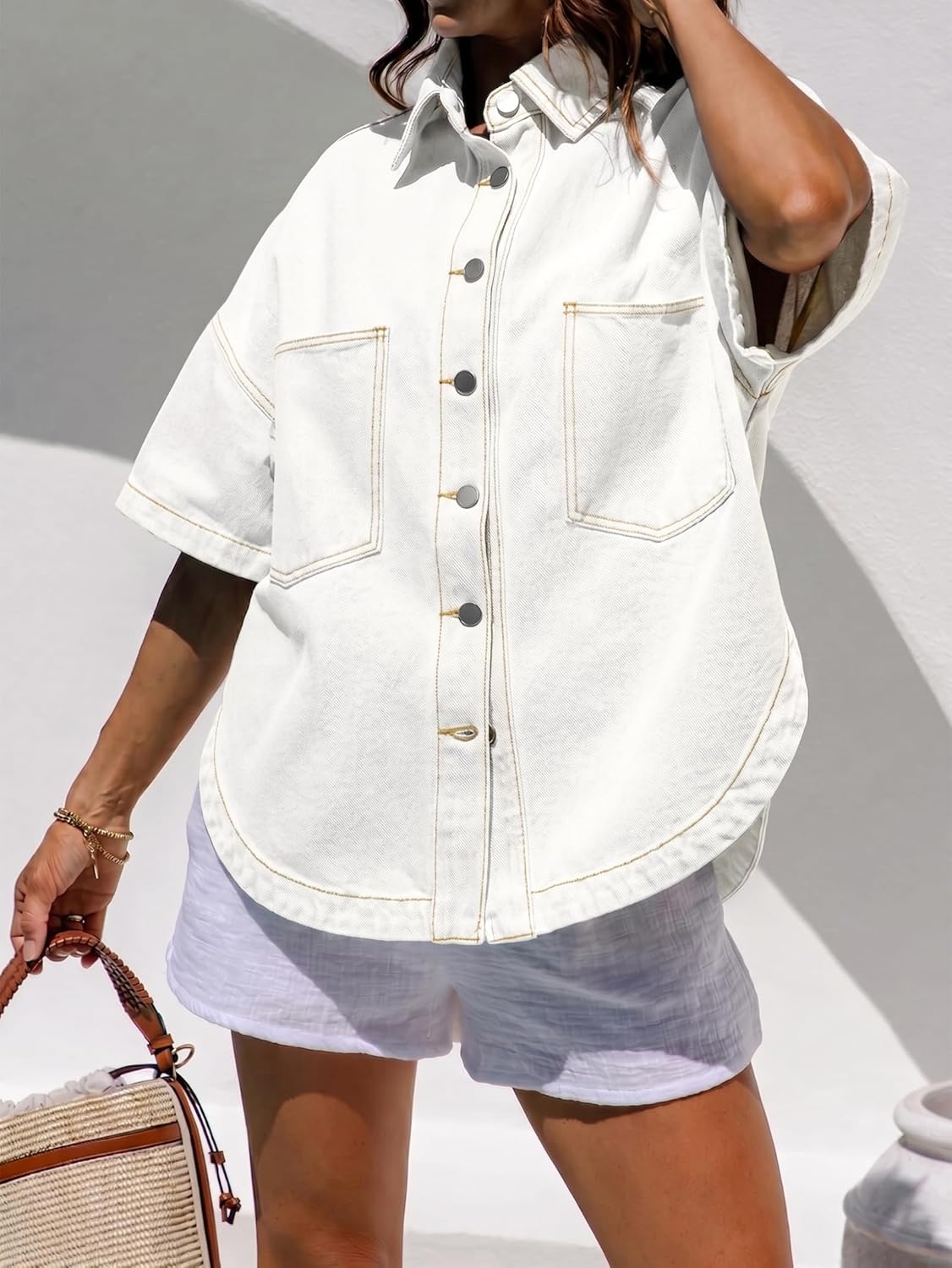 image:imageEMMIOL Women Denim Shirts Oversized Long Sleeve Button Down Blouse Distresse Jean Jacket Fall Outfits 2026Whiteshort Sleeve