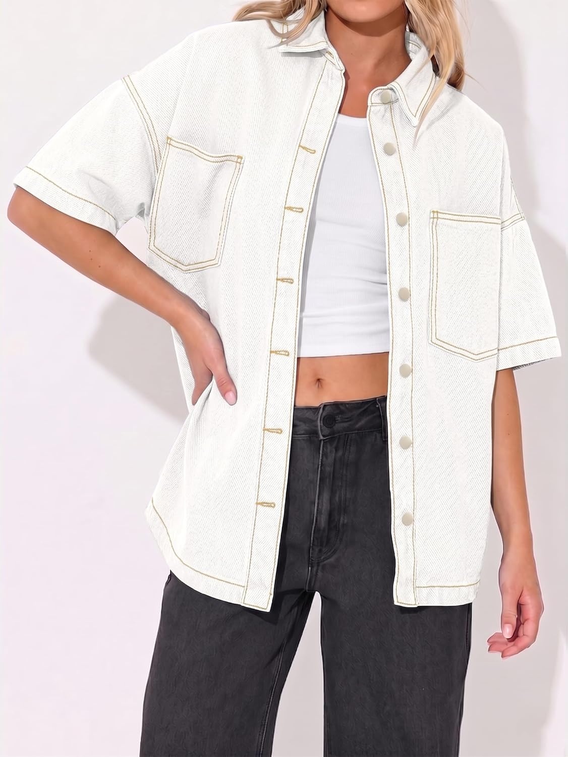 image:imageEMMIOL Women Denim Shirts Oversized Long Sleeve Button Down Blouse Distresse Jean Jacket Fall Outfits 2026Whiteshort Sleeve