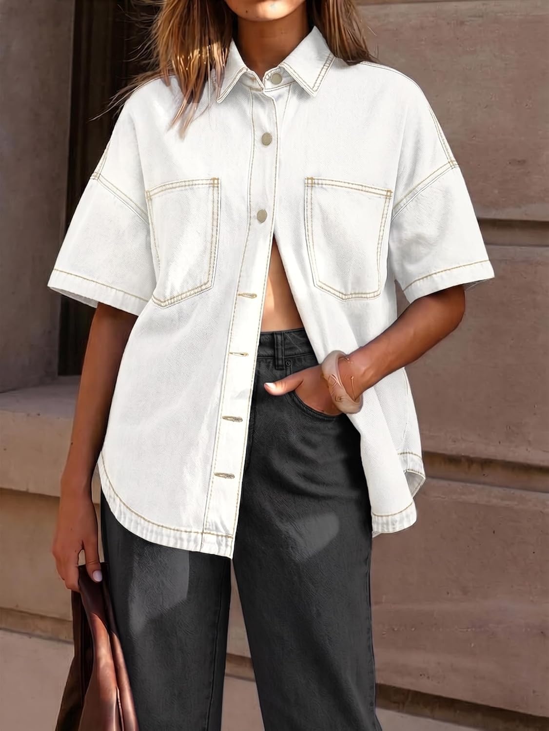 image:imageEMMIOL Women Denim Shirts Oversized Long Sleeve Button Down Blouse Distresse Jean Jacket Fall Outfits 2026Whiteshort Sleeve