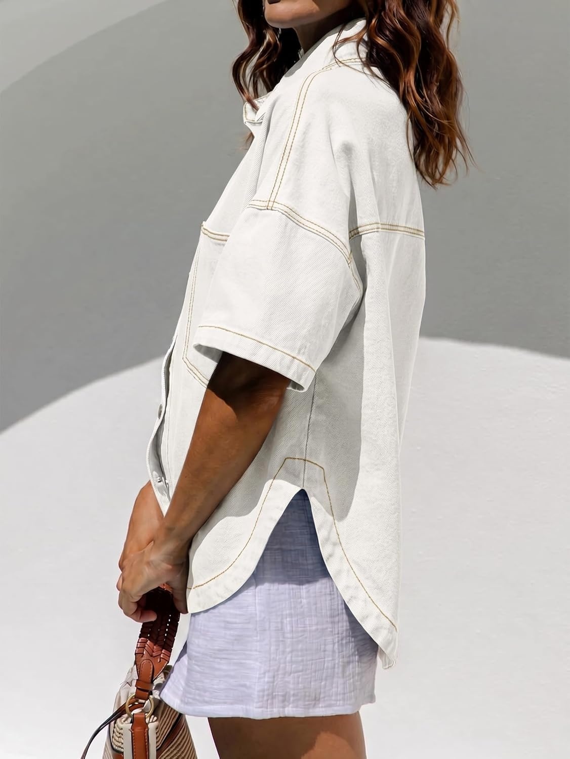 image:imageEMMIOL Women Denim Shirts Oversized Long Sleeve Button Down Blouse Distresse Jean Jacket Fall Outfits 2026Whiteshort Sleeve