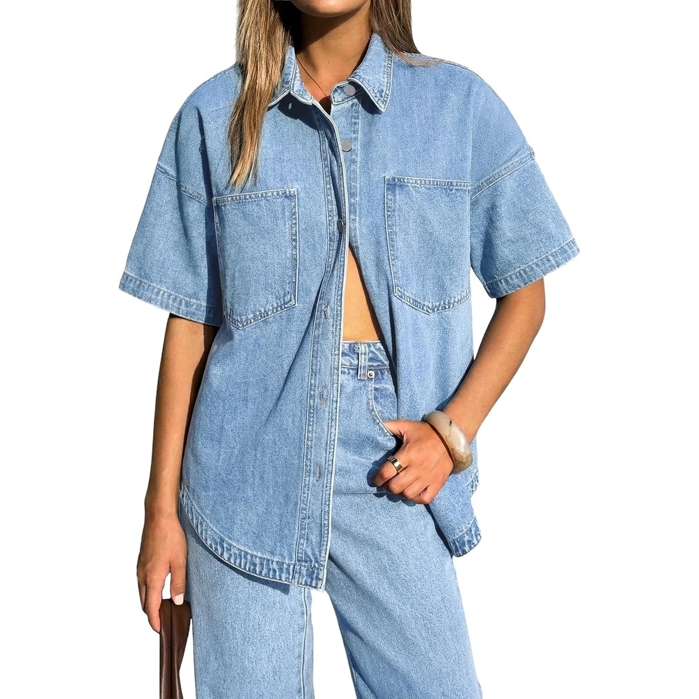 image:imageEMMIOL Women Denim Shirts Oversized Long Sleeve Button Down Blouse Distresse Jean Jacket Fall Outfits 2026Sky Blueshort Sleeve