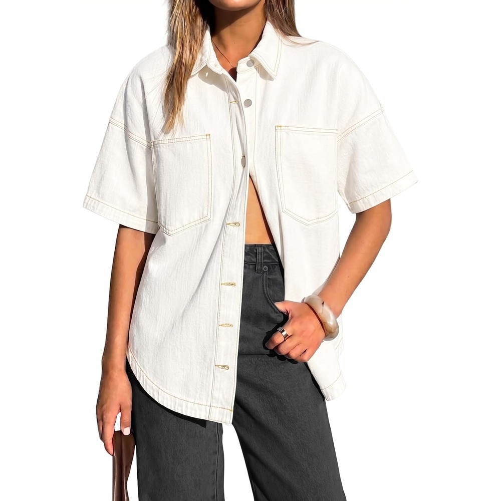 image:imageEMMIOL Women Denim Shirts Oversized Long Sleeve Button Down Blouse Distresse Jean Jacket Fall Outfits 2026Whiteshort Sleeve