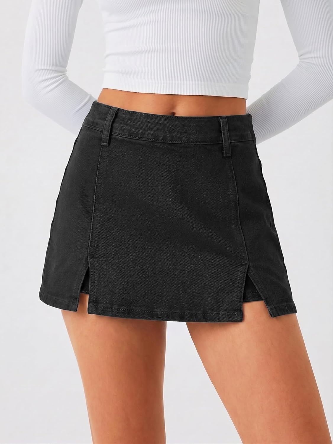image:imageEMMIOL Denim Mini Skirt for Women Mid Waisted Stretch Side Zipper Skort Y2k Casual Jean Skirts with Shorts UnderneathBlack
