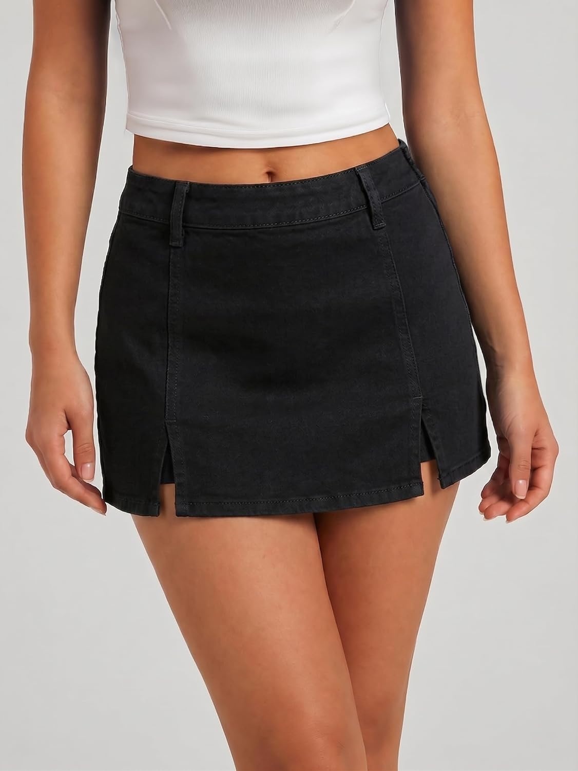 image:imageEMMIOL Denim Mini Skirt for Women Mid Waisted Stretch Side Zipper Skort Y2k Casual Jean Skirts with Shorts UnderneathBlack