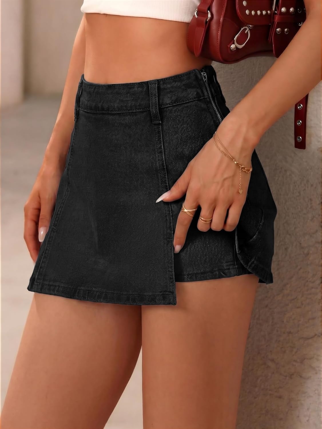 image:imageEMMIOL Denim Mini Skirt for Women Mid Waisted Stretch Side Zipper Skort Y2k Casual Jean Skirts with Shorts UnderneathBlack