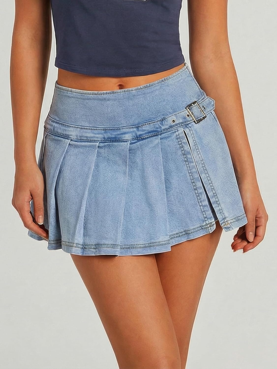 image:imageEMMIOL Denim Mini Skirt for Women Mid Waisted Stretch Side Zipper Skort Y2k Casual Jean Skirts with Shorts UnderneathLight Blue055