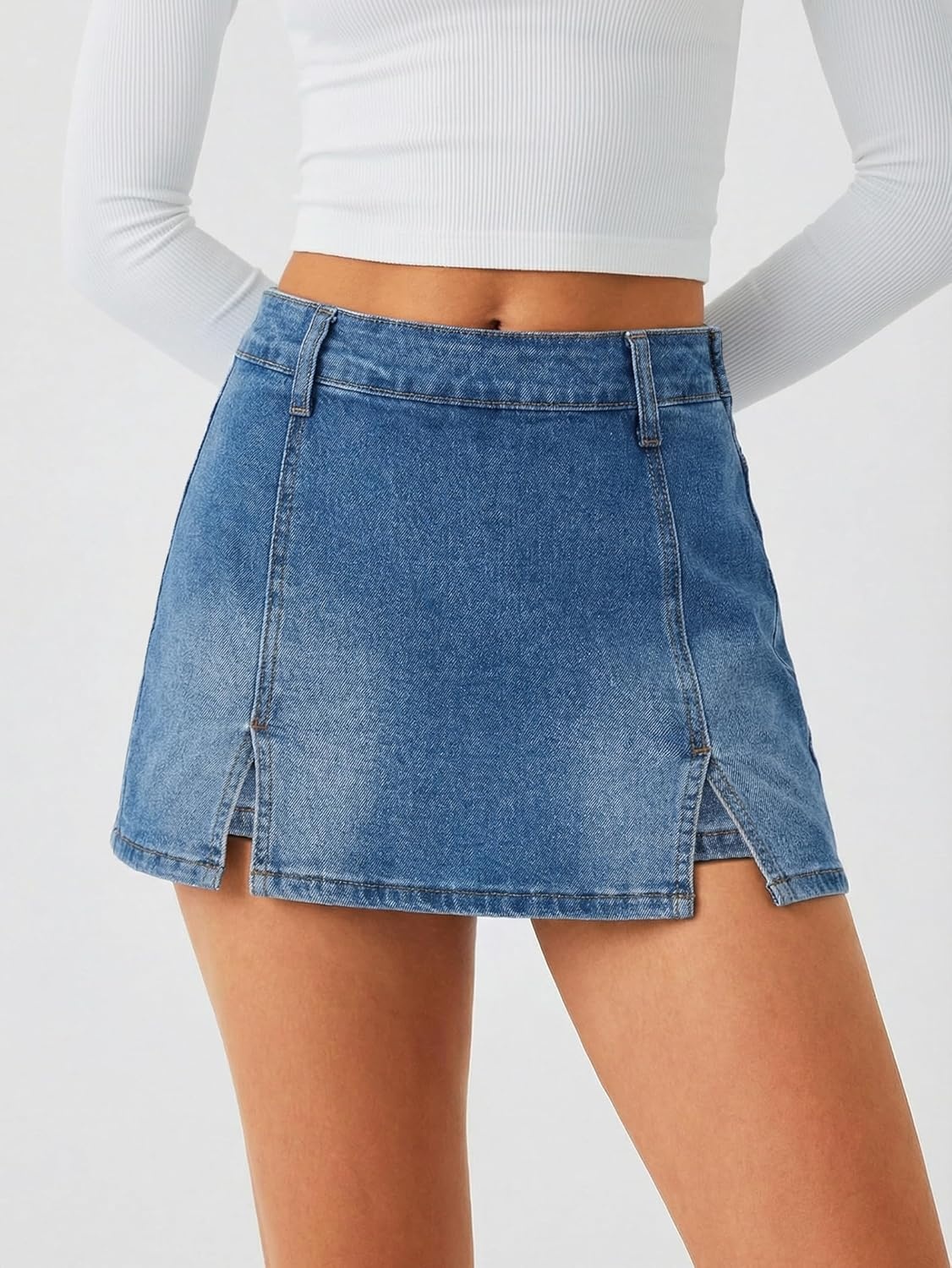 image:imageEMMIOL Denim Mini Skirt for Women Mid Waisted Stretch Side Zipper Skort Y2k Casual Jean Skirts with Shorts UnderneathMid Blue