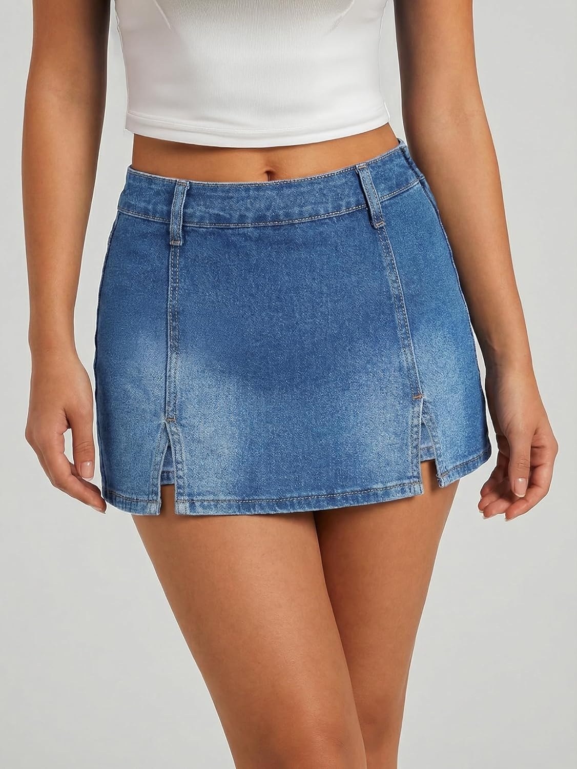 image:imageEMMIOL Denim Mini Skirt for Women Mid Waisted Stretch Side Zipper Skort Y2k Casual Jean Skirts with Shorts UnderneathMid Blue