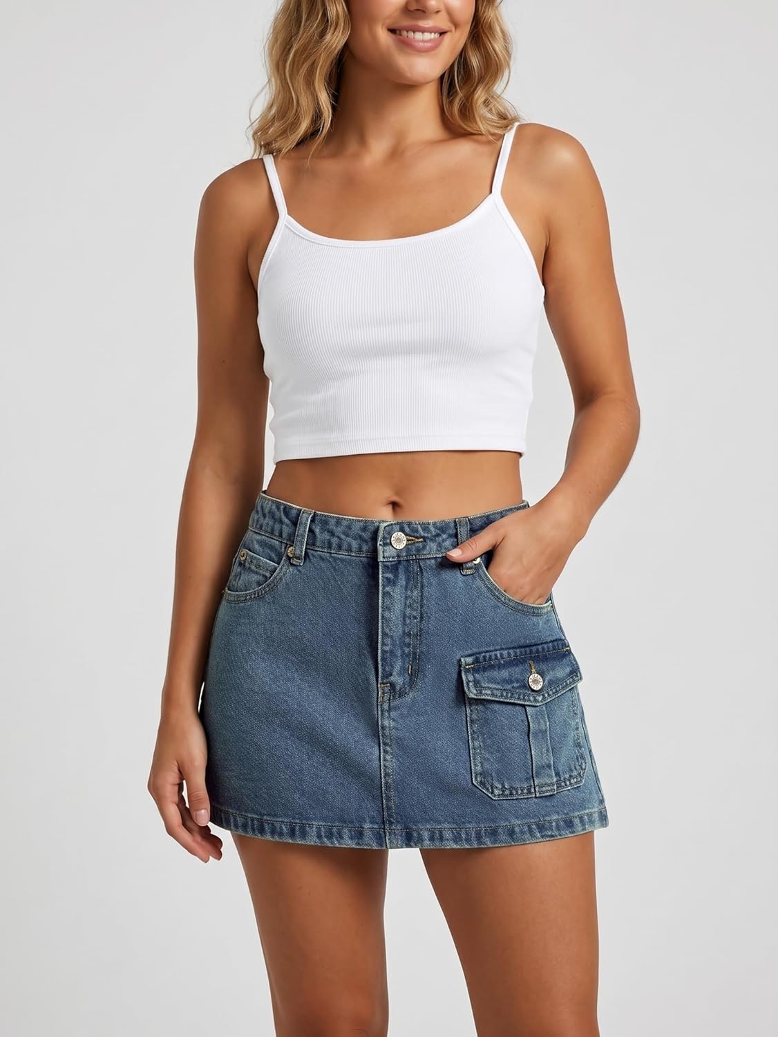 image:imageJean Skirts for Women Mid High Waisted Denim Mini Skirt with Shorts Summer Cargo Skorts with Pocket Y2K Sexy