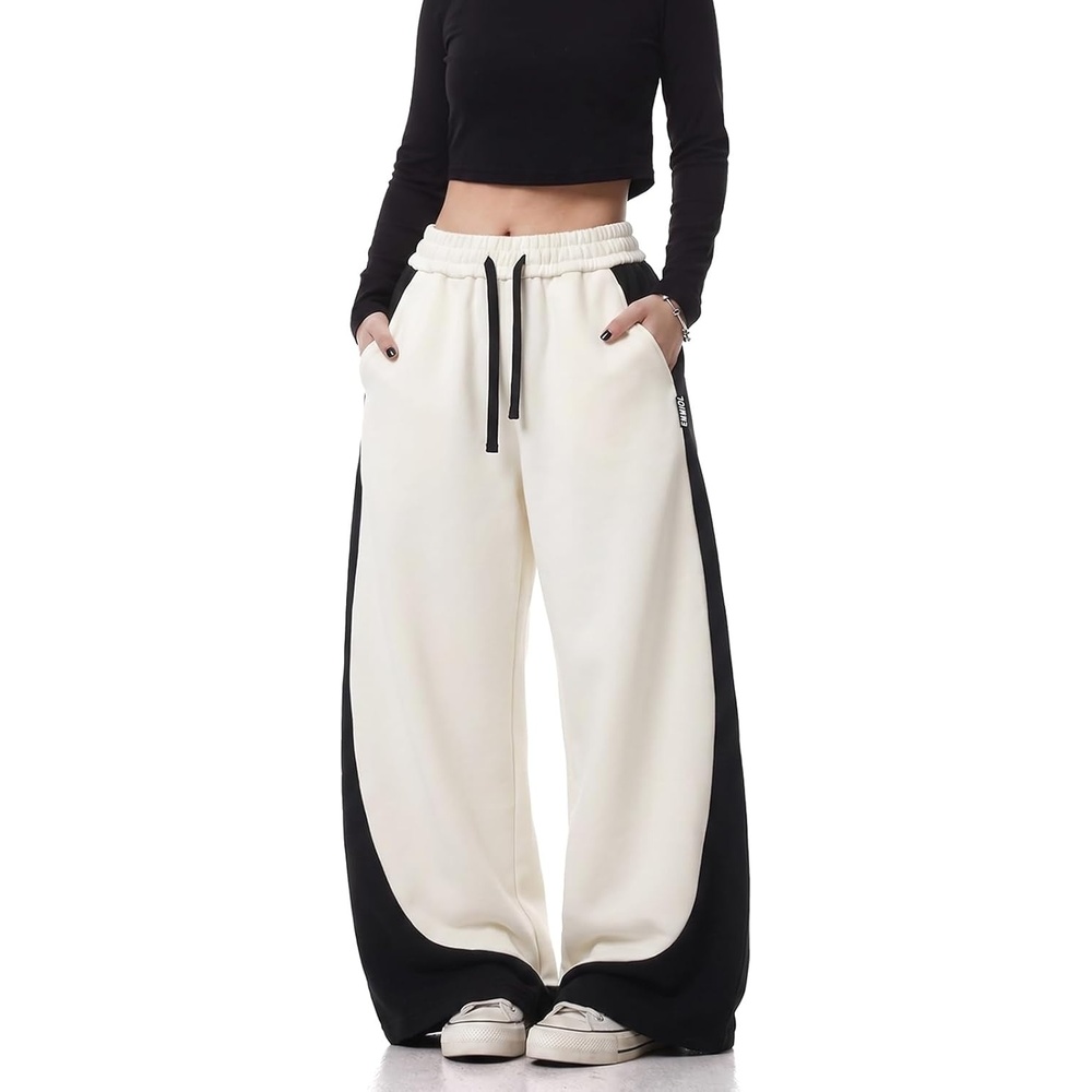 image:imageEMMIOL Barrel Sweatpants for Women Baggy High Waisted Y2K Barrel Leg Joggers with Contrast Side Panels and PocketsApricot