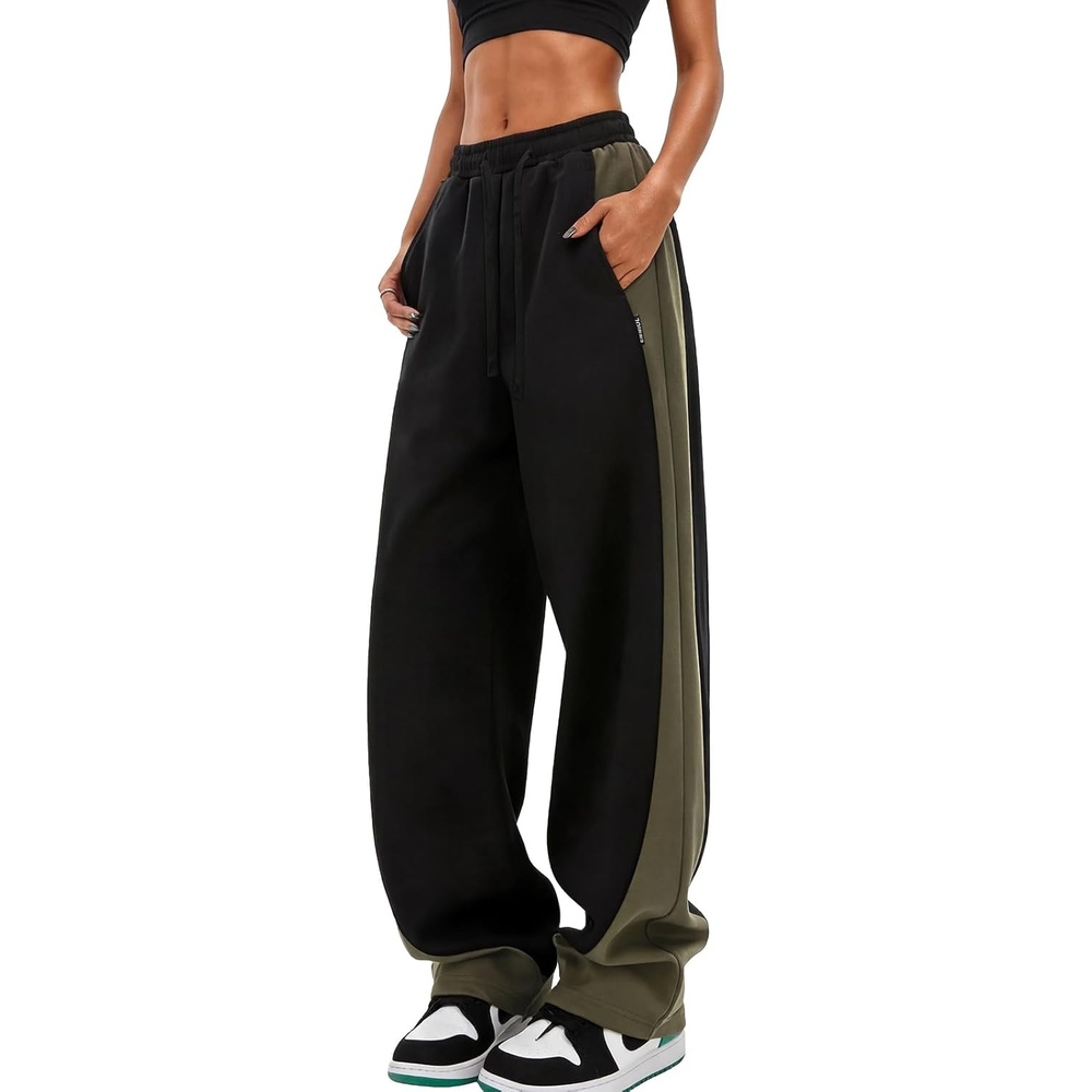 image:imageEMMIOL Barrel Sweatpants for Women Baggy High Waisted Y2K Barrel Leg Joggers with Contrast Side Panels and PocketsDark Green