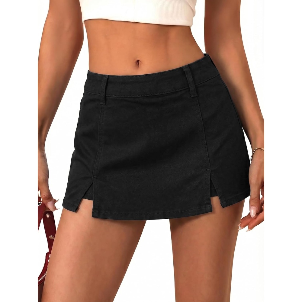 image:imageEMMIOL Denim Mini Skirt for Women  Mid Waisted Stretch Side Zipper Skort Y2k Casual Jean Skirts with Shorts UnderneathBlack