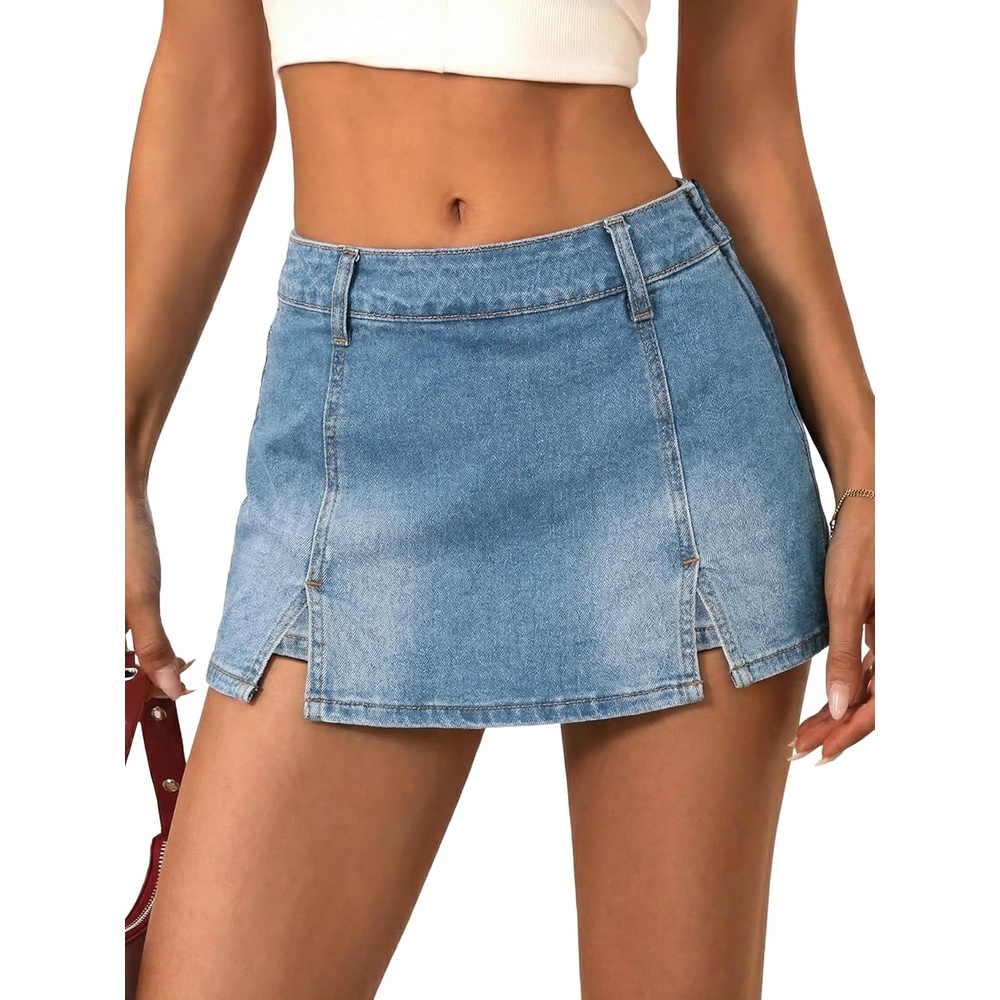 image:imageEMMIOL Denim Mini Skirt for Women  Mid Waisted Stretch Side Zipper Skort Y2k Casual Jean Skirts with Shorts UnderneathBlue