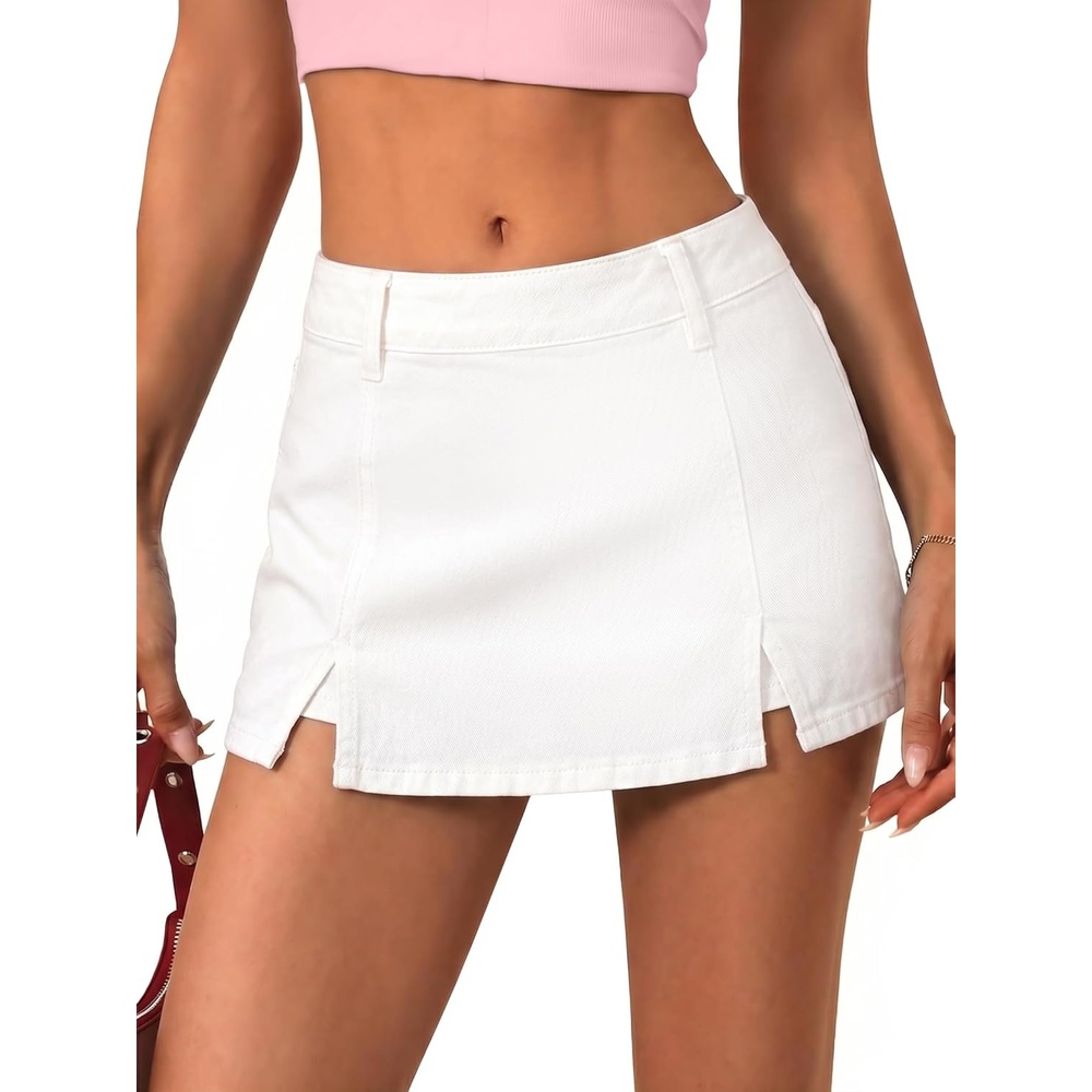 image:imageEMMIOL Denim Mini Skirt for Women Mid Waisted Stretch Side Zipper Skort Y2k Casual Jean Skirts with Shorts UnderneathWhite