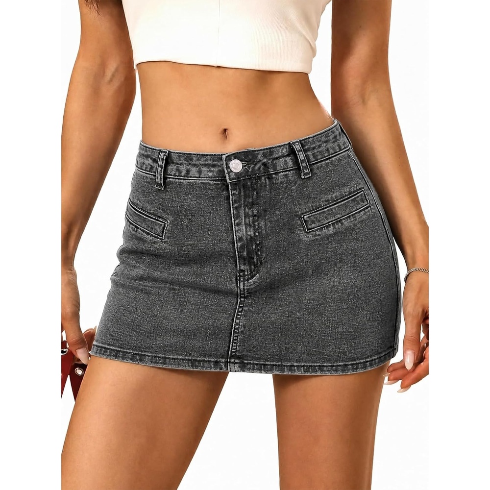 image:imageEMMIOL Jean Skirts for Women Builtin Short Mini Denim Skorts Mid Rise Y2K Summer Cotton Skirt Sexy Button with Pocket Dark Gray M
