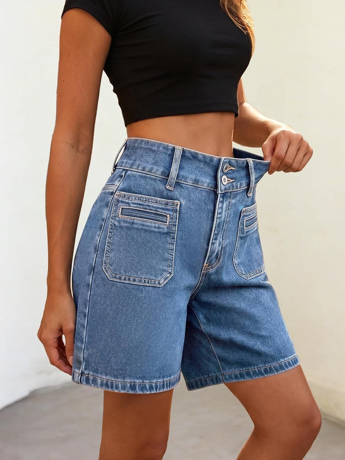image:imageEMMIOL Bermuda Jean Shorts for Women Long Knee Length High Waisted Stretchy Cotton Jorts with Pockets Denim Summer Clean Fit016blue