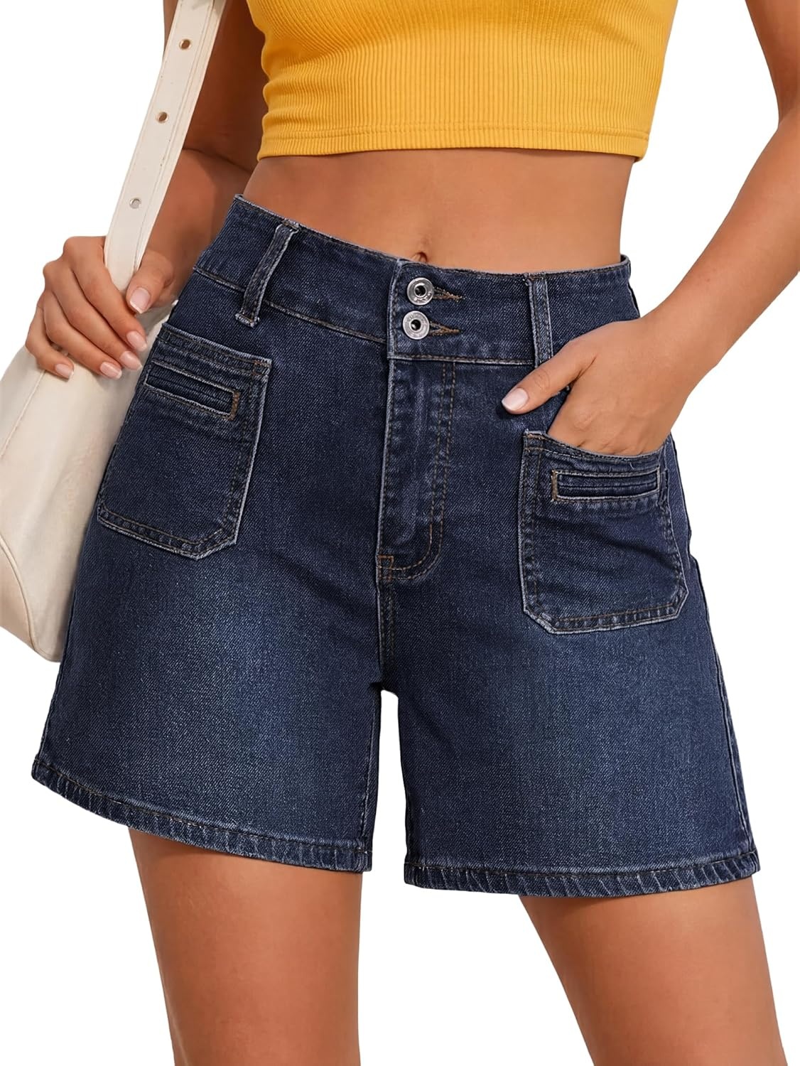 image:imageEMMIOL Bermuda Jean Shorts for Women Long Knee Length High Waisted Stretchy Cotton Jorts with Pockets Denim Summer Clean Fit016dark Blue