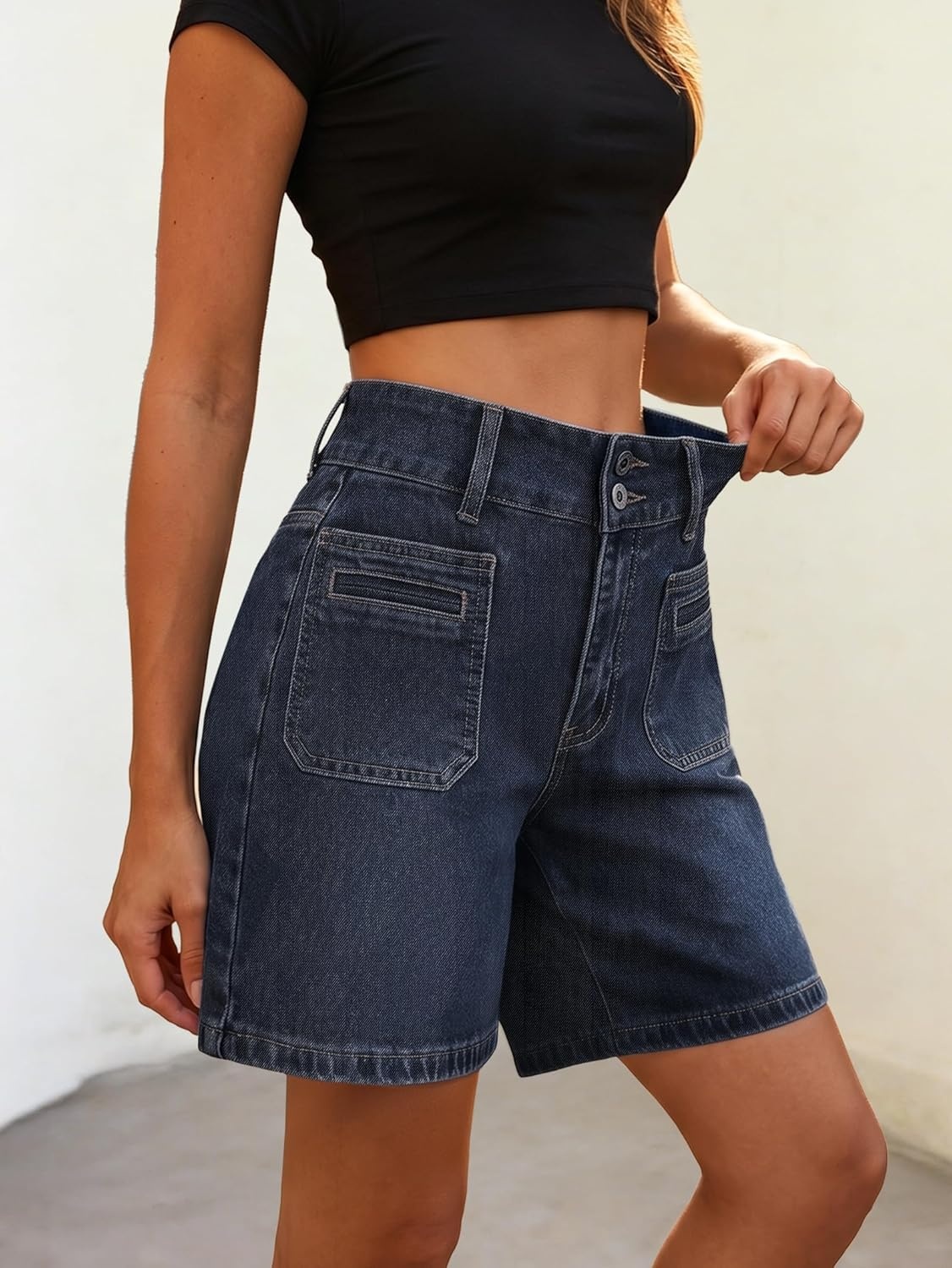 image:imageEMMIOL Bermuda Jean Shorts for Women Long Knee Length High Waisted Stretchy Cotton Jorts with Pockets Denim Summer Clean Fit016dark Blue