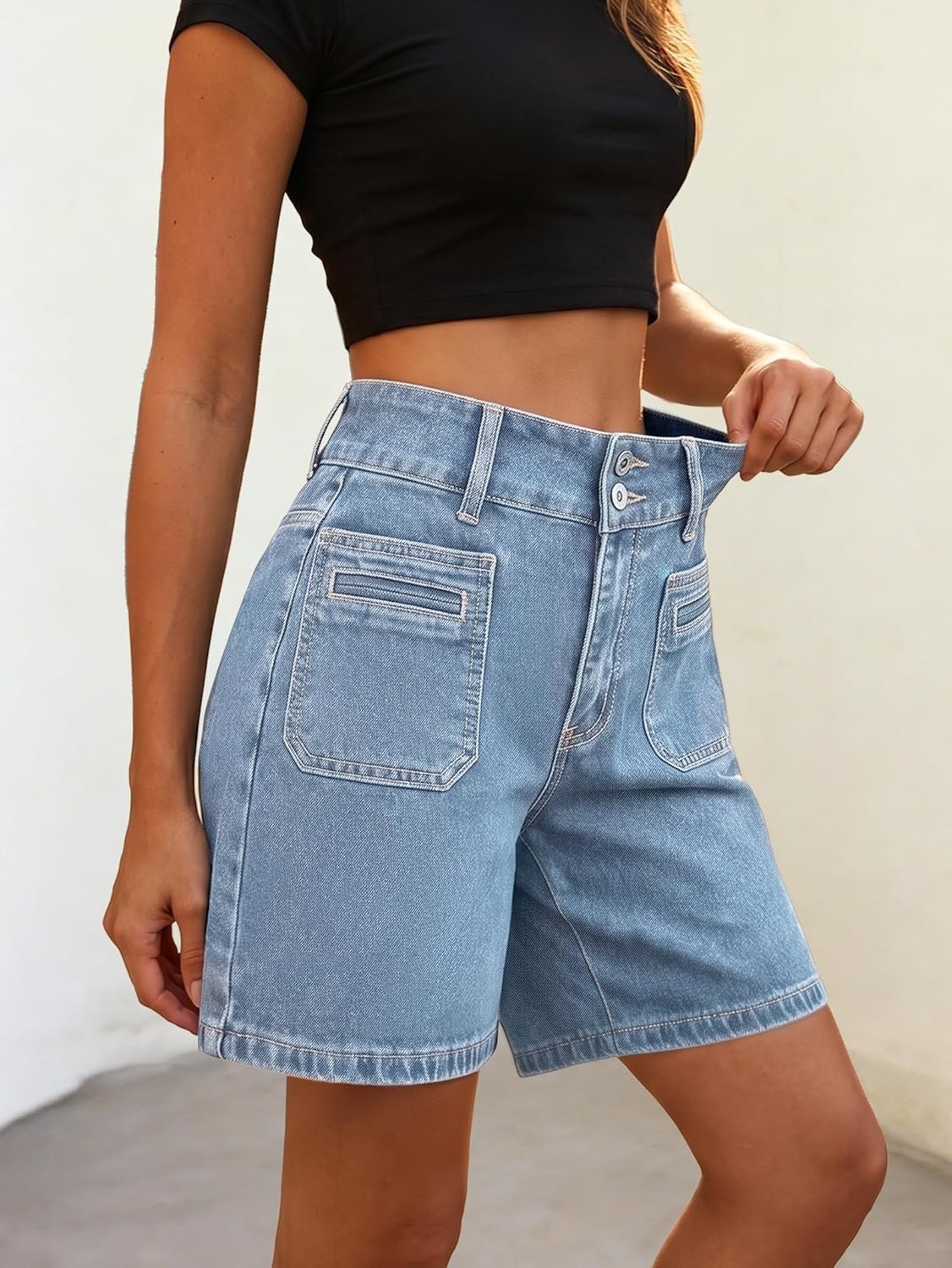 image:imageEMMIOL Bermuda Jean Shorts for Women Long Knee Length High Waisted Stretchy Cotton Jorts with Pockets Denim Summer Clean Fit016light Blue