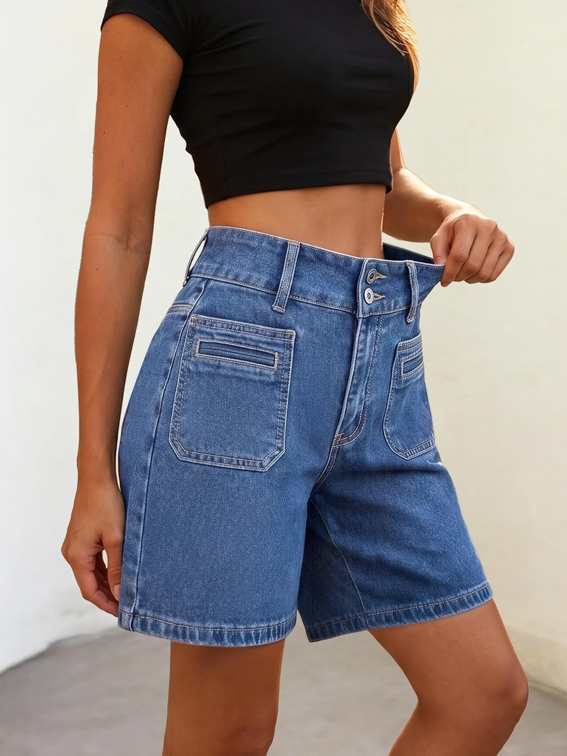 image:imageEMMIOL Bermuda Jean Shorts for Women Long Knee Length High Waisted Stretchy Cotton Jorts with Pockets Denim Summer Clean Fit016mid Blue