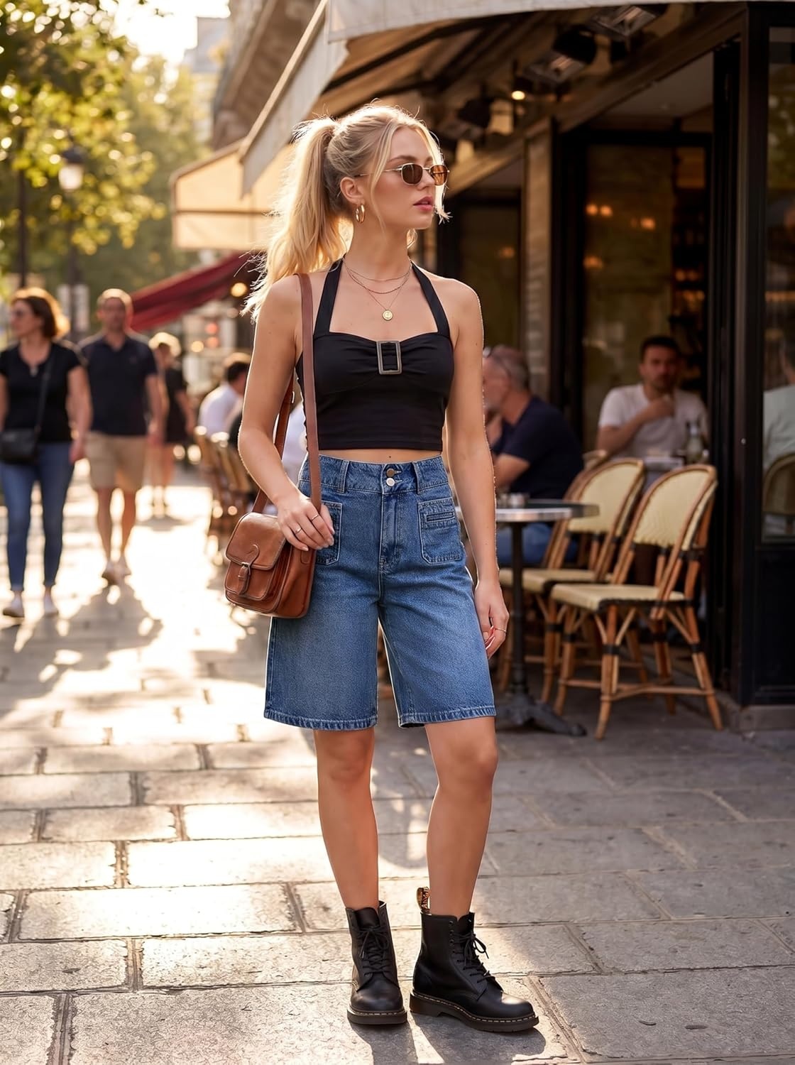 image:imageEMMIOL Bermuda Jean Shorts for Women Long Knee Length High Waisted Stretchy Cotton Jorts with Pockets Denim Summer Clean Fit017blue