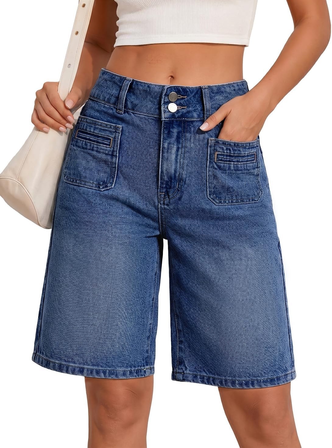 image:imageEMMIOL Bermuda Jean Shorts for Women Long Knee Length High Waisted Stretchy Cotton Jorts with Pockets Denim Summer Clean Fit017blue