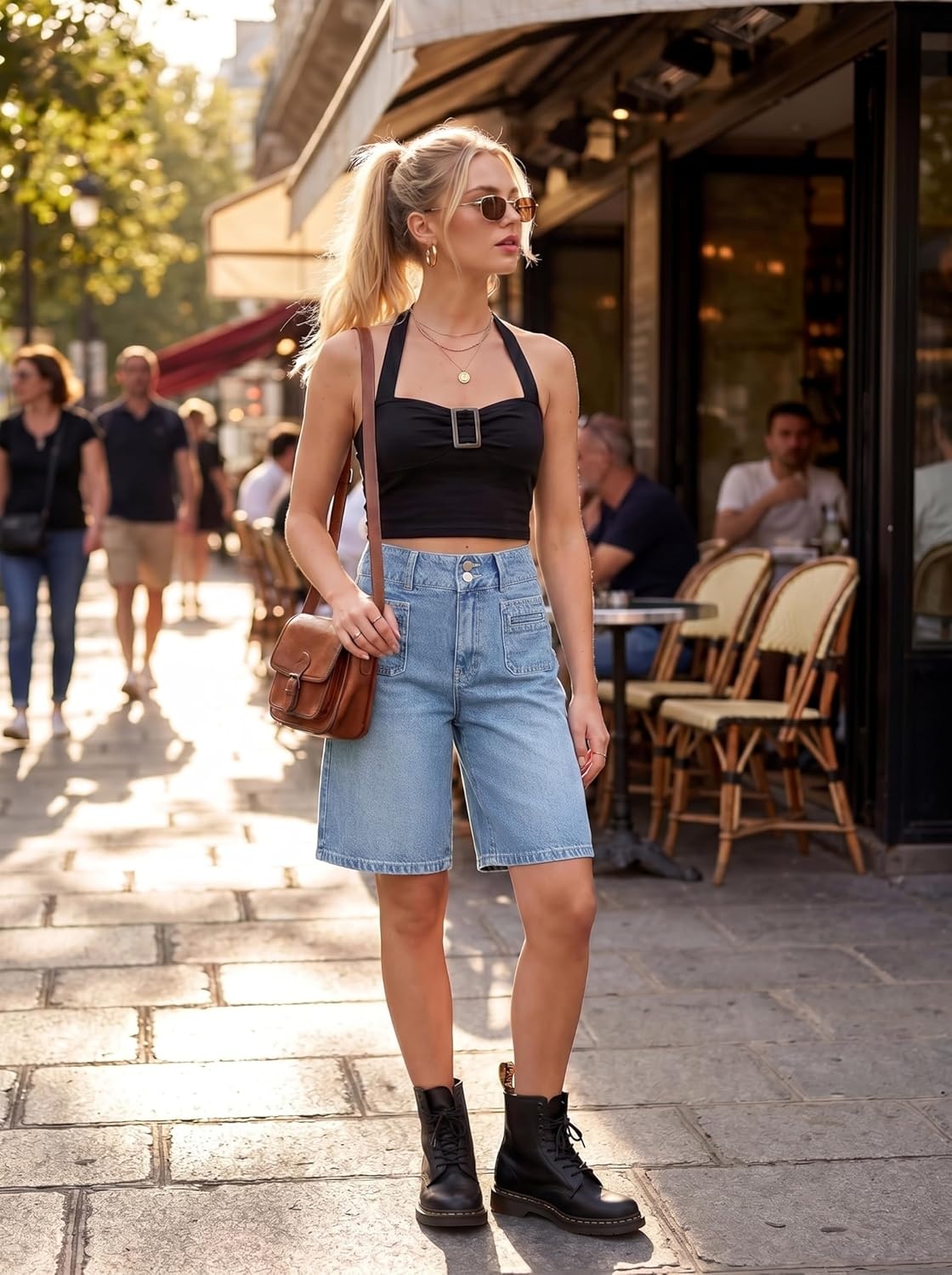 image:imageEMMIOL Bermuda Jean Shorts for Women Long Knee Length High Waisted Stretchy Cotton Jorts with Pockets Denim Summer Clean Fit017light Blue