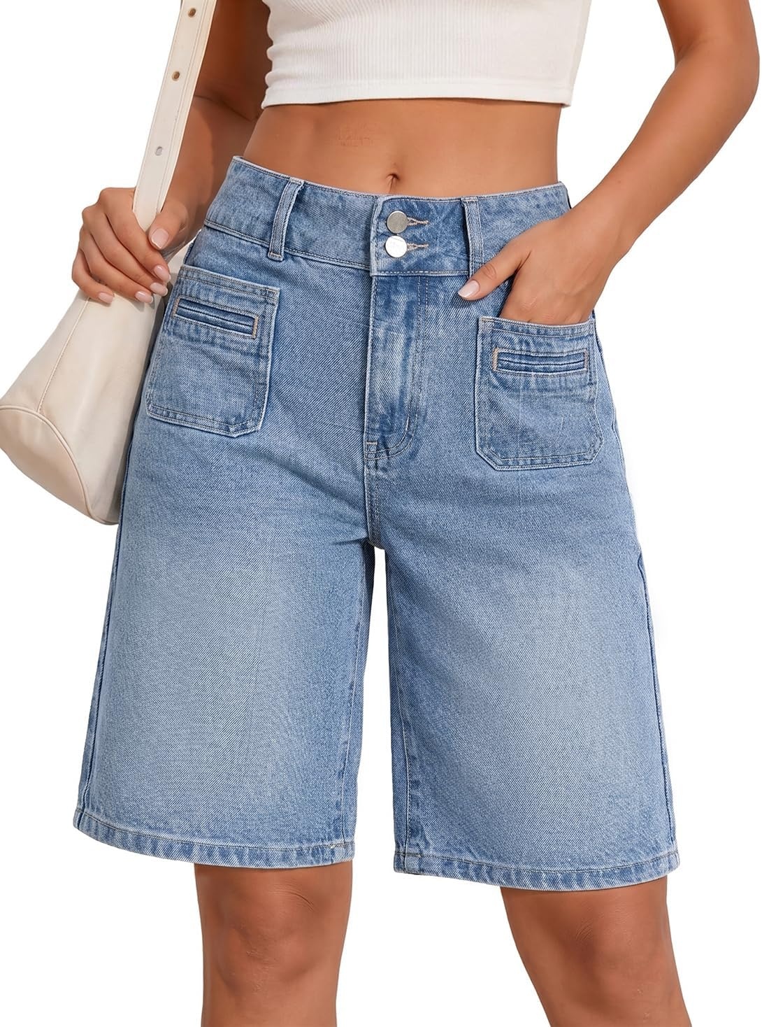 image:imageEMMIOL Bermuda Jean Shorts for Women Long Knee Length High Waisted Stretchy Cotton Jorts with Pockets Denim Summer Clean Fit017light Blue