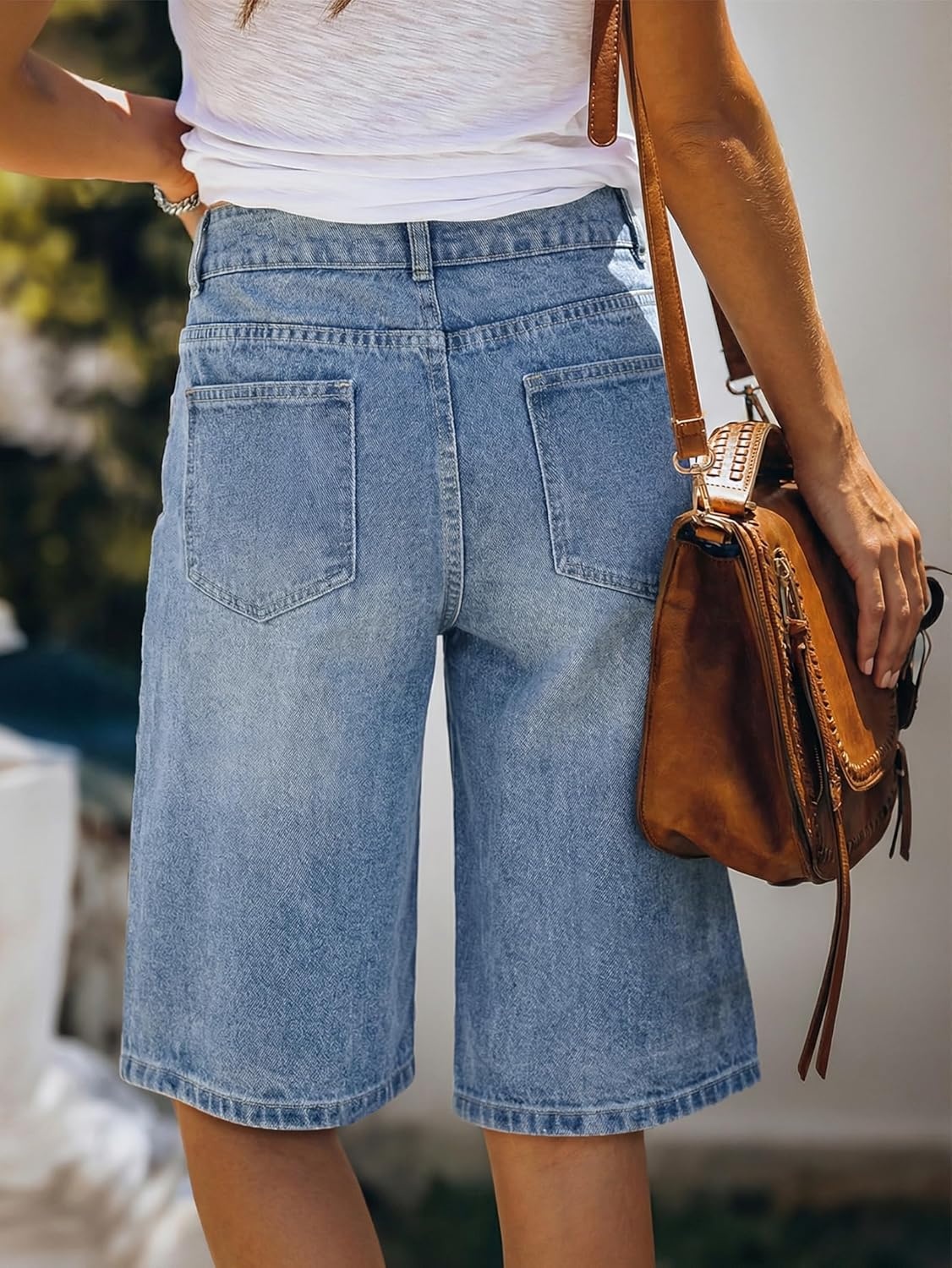 image:imageEMMIOL Bermuda Jean Shorts for Women Long Knee Length High Waisted Stretchy Cotton Jorts with Pockets Denim Summer Clean Fit017light Blue