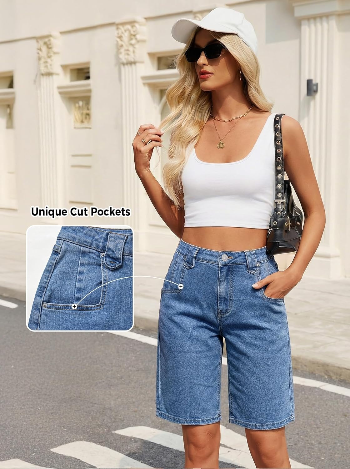 image:imageEMMIOL Bermuda Jean Shorts for Women Long Knee Length High Waisted Stretchy Cotton Jorts with Pockets Denim Summer Clean FitBlue