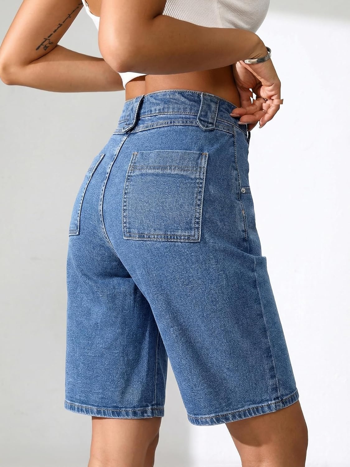image:imageEMMIOL Bermuda Jean Shorts for Women Long Knee Length High Waisted Stretchy Cotton Jorts with Pockets Denim Summer Clean FitBlue