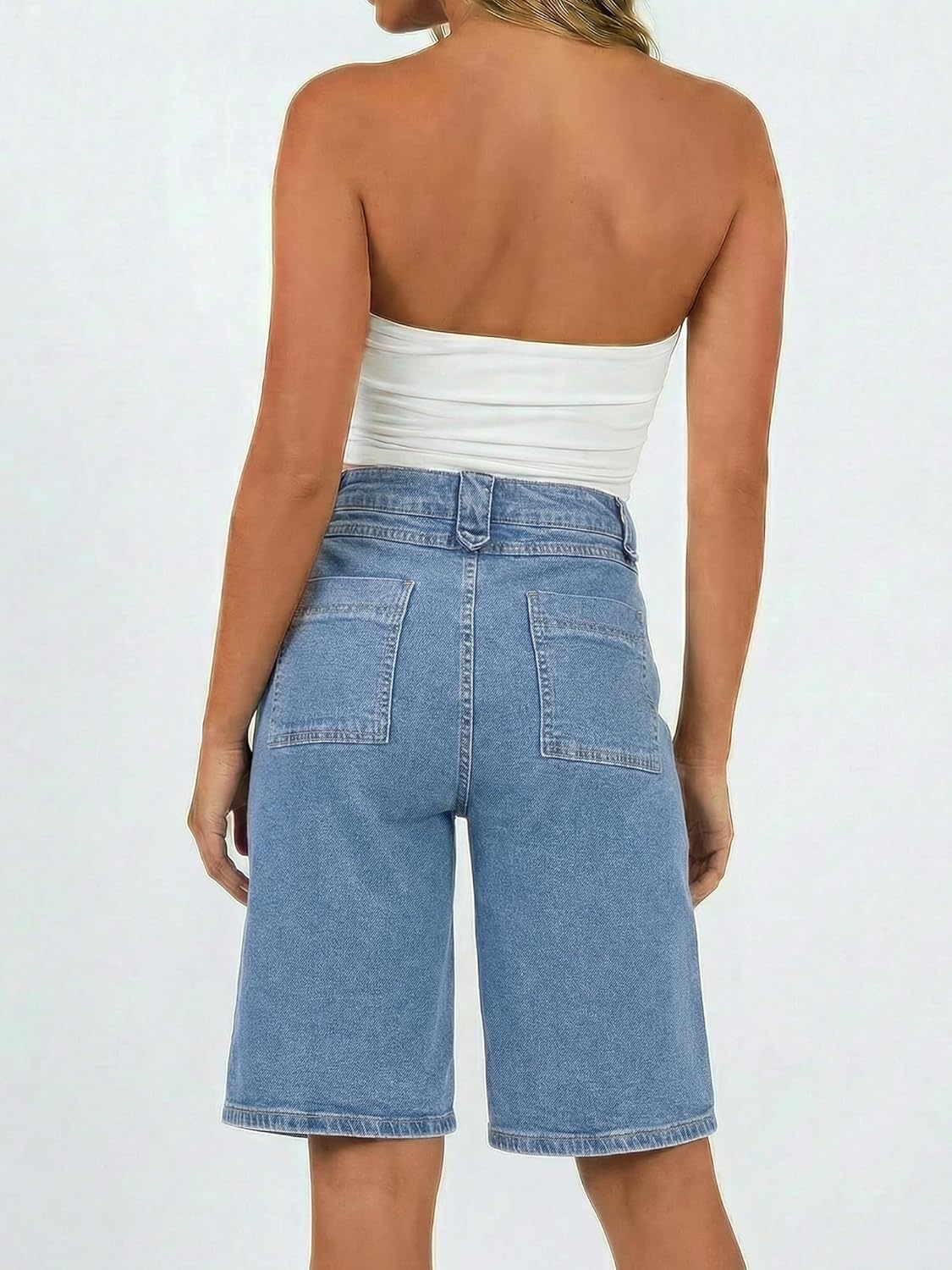 image:imageEMMIOL Bermuda Jean Shorts for Women Long Knee Length High Waisted Stretchy Cotton Jorts with Pockets Denim Summer Clean FitSky Blue
