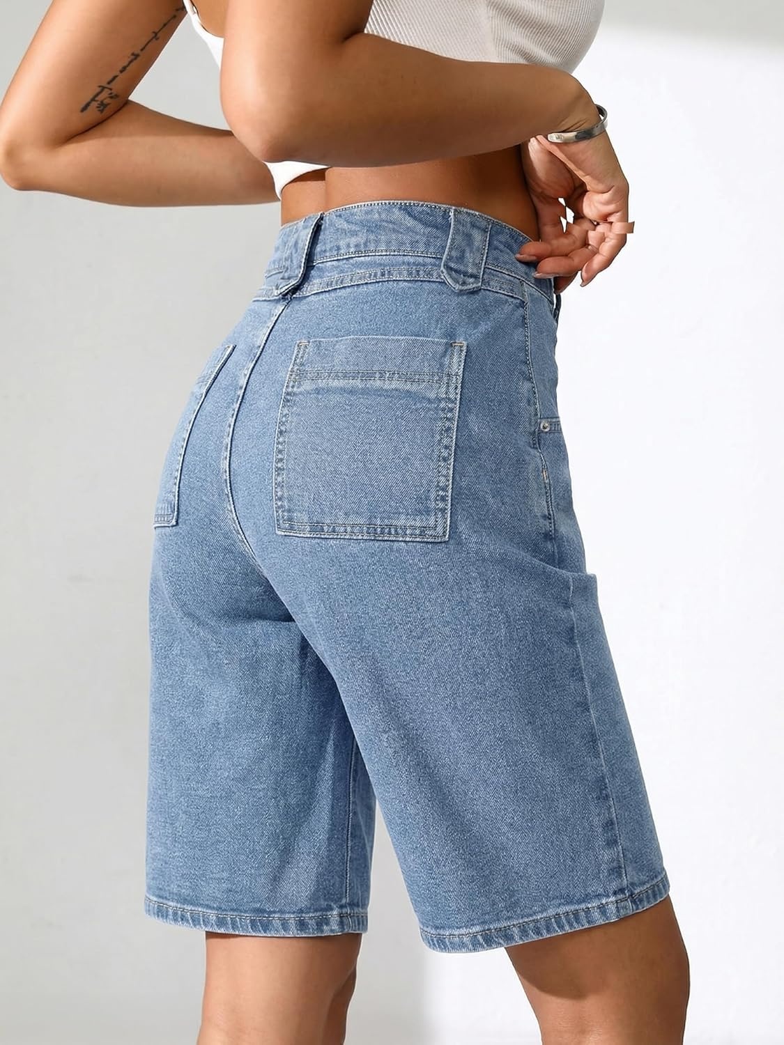 image:imageEMMIOL Bermuda Jean Shorts for Women Long Knee Length High Waisted Stretchy Cotton Jorts with Pockets Denim Summer Clean FitSky Blue