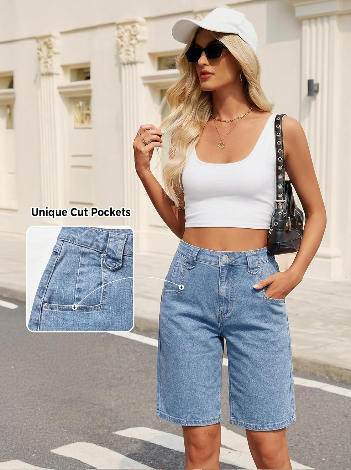image:imageEMMIOL Bermuda Jean Shorts for Women Long Knee Length High Waisted Stretchy Cotton Jorts with Pockets Denim Summer Clean FitSky Blue