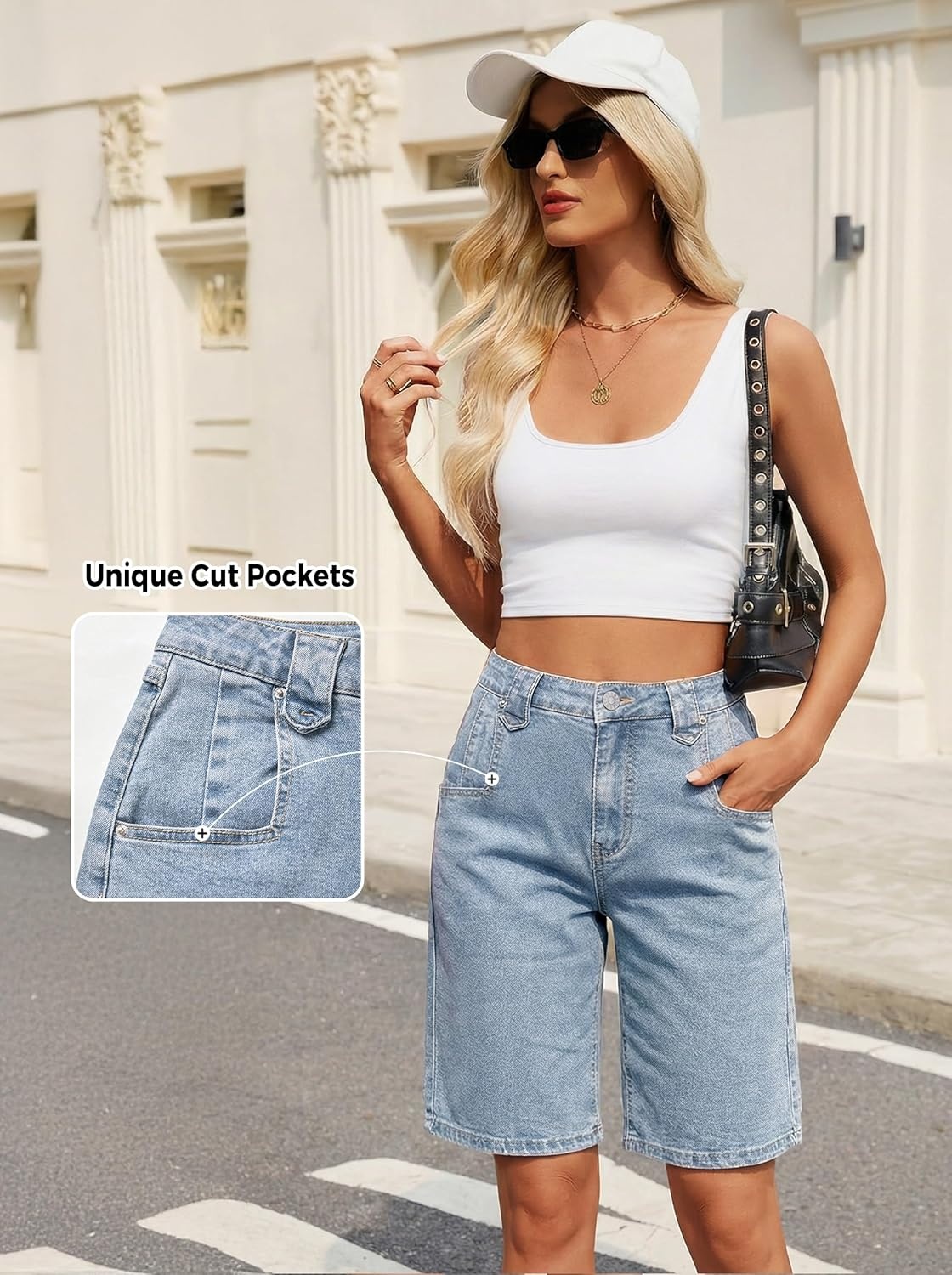 image:imageEMMIOL Bermuda Jean Shorts for Women Long Knee Length High Waisted Stretchy Cotton Jorts with Pockets Denim Summer Clean FitVintage Blue