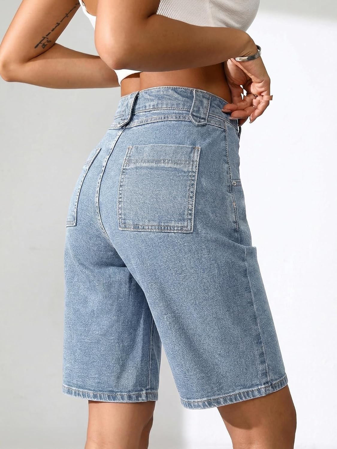 image:imageEMMIOL Bermuda Jean Shorts for Women Long Knee Length High Waisted Stretchy Cotton Jorts with Pockets Denim Summer Clean FitVintage Blue