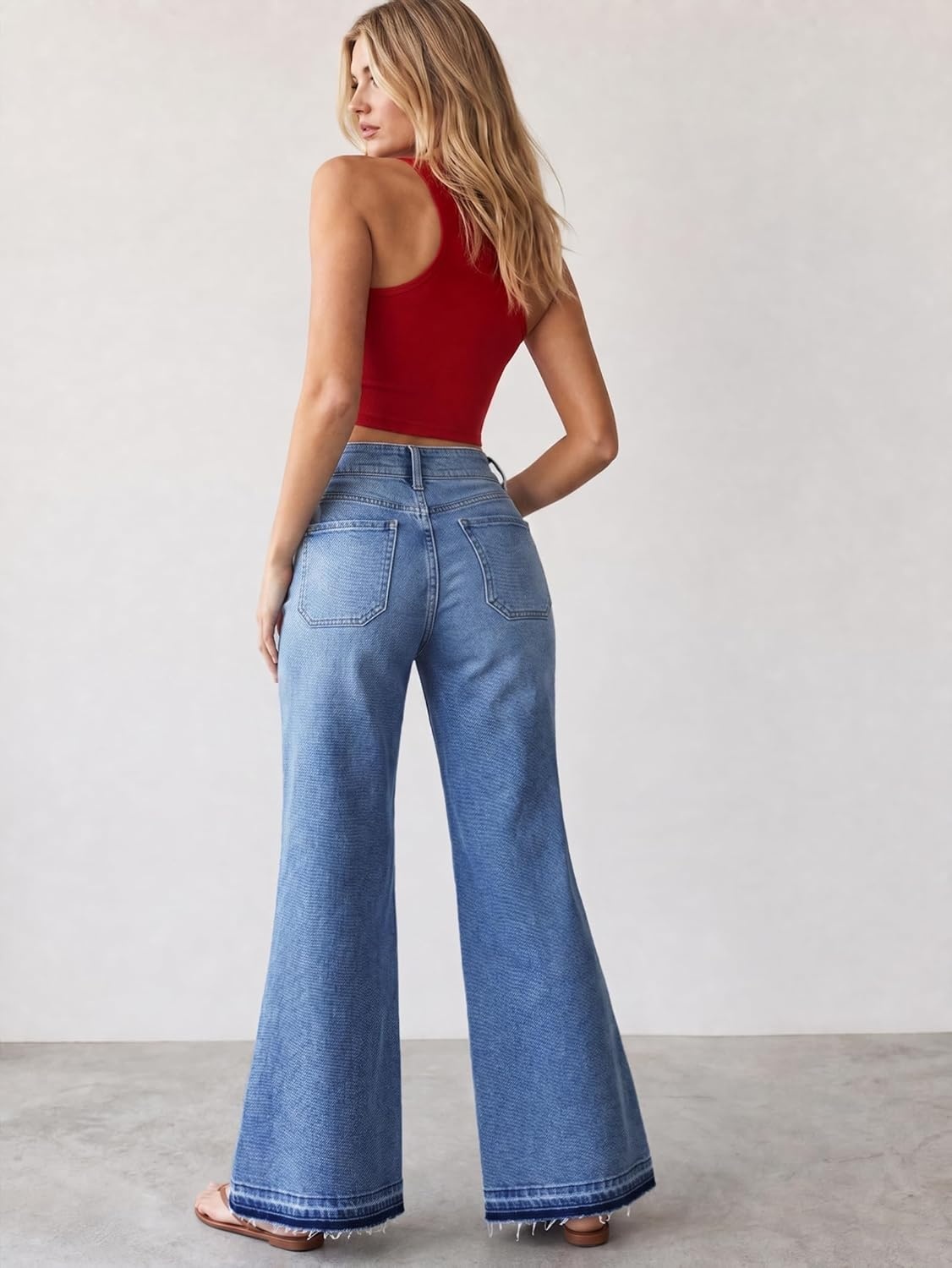 image:imageEMMIOL Flare Jeans for Women Mid High Waisted Stretchy Bell Bottom Jeans Frayed Hems Bootcut 2026 Denim Pants Patch PocketsBlue